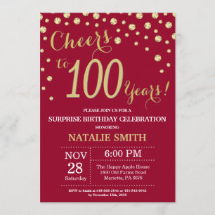 Burgundy Red Gold Surprise 100th Birthday Diamond Kaart