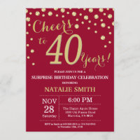 Burgundy Red Gold Surprise 40th Birthday Diamond