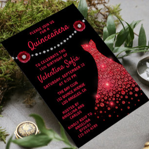Burgundy Red Gown Diamond Roos Modern Quinceañera Kaart