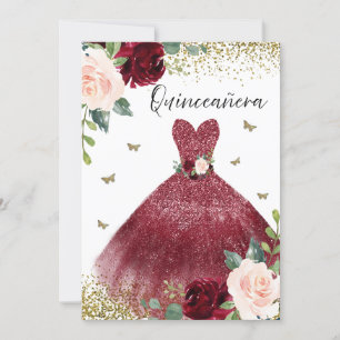 Burgundy Red Gown Dress Blush Floral Quinceanera Kaart