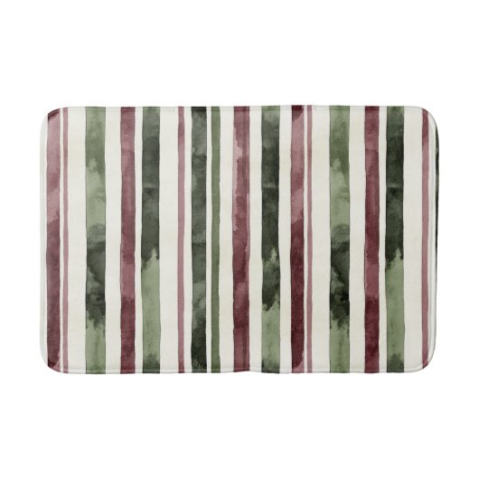Burgundy Red Green Cream Stripes Christmas Badmat (Voorkant)