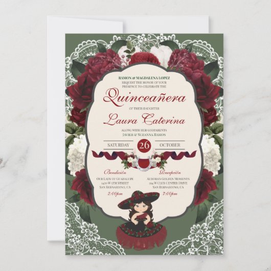 Burgundy Red Green Floral Roos Charro Quinceanera Kaart (Voorkant)