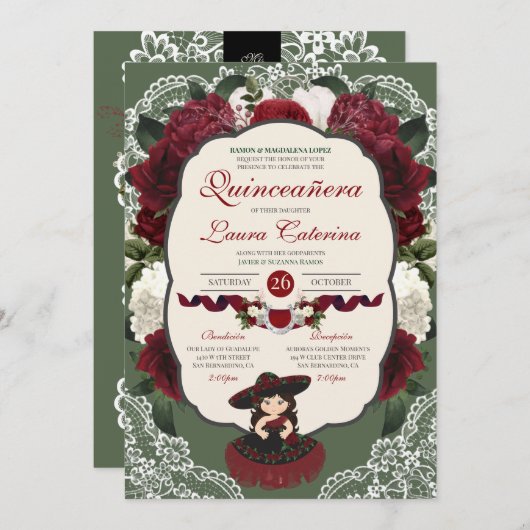Burgundy Red Green Floral Roos Charro Quinceanera Kaart (Voorkant / Achterkant)