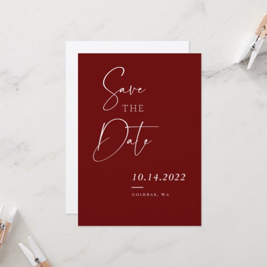 Burgundy Red Herfst Chic Script Save the Date Kaart (Voorkant / Achterkant in situ)