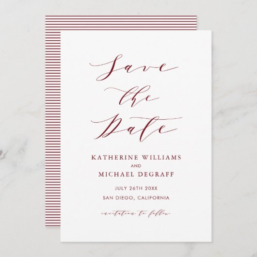 Burgundy Red Minimalist Dainty Script Save The Date (Voorkant / Achterkant)