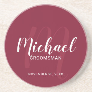 Burgundy Red Modern Script Personalized Groomsmen Zandsteen Onderzetter
