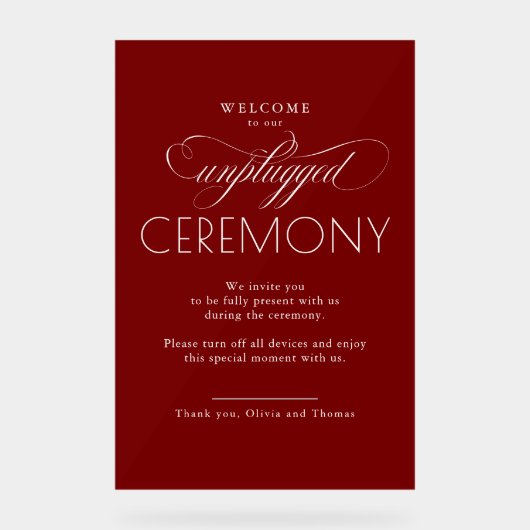 Burgundy Red Modern Script Unplugged Ceremony  Acryl Bord (Voorkant)