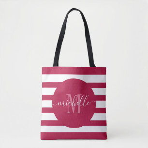 Burgundy Red Monogram Script Elegant Modern Stripe Draagtas