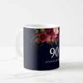 Burgundy Red Navy Blue Floral 90th Birthday Gift Koffiemok (Voorkant links)