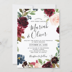 Burgundy Red Navy Blue Floral Boho Wedding Kaart