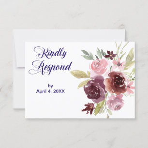 Burgundy Red Navy Blue Floral Wedding RSVP Kaartje