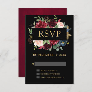 Burgundy Red Navy Floral Boho Wedding RSVP