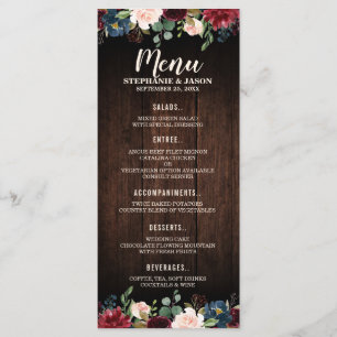 Burgundy Red Navy Floral Bois Mariage Menu