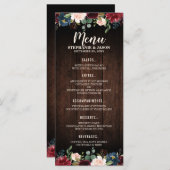 Burgundy Red Navy Floral Bois Mariage Menu (Devant / Derrière)