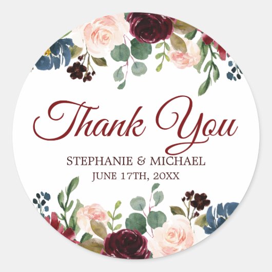 Burgundy Red Navy Floral Rustic Boho bedankt Ronde Sticker (Voorkant)