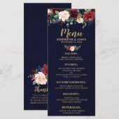 Burgundy Red Navy Floral Rustic Boho Menu Mariage (Devant / Derrière)