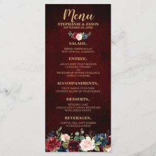 Burgundy Red Navy Floral Rustic Boho Menu Mariage