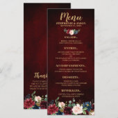 Burgundy Red Navy Floral Rustic Boho Menu Mariage (Devant / Derrière)