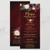 Burgundy Red Navy Floral Rustic Boho Menu Mariage (Devant / Derrière)