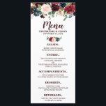 Burgundy Red Navy Floral Rustic Boho Menu Mariage<br><div class="desc">Aquarelle Bourgogne Rouge Floral Rustic Boho Mariage Menu Carte Rack. Parfait pour un mariage de automne. Le design comprend un bouquet époustouflant de bordeaux / Marsala, pêche, fleurs marines / roses avec feuilles assortis. S'il vous plaît trouver d'autres modèles et variantes dans mon magasin "blissweddingpaperie". N'hésitez pas à me contacter...</div>