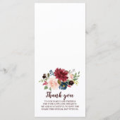 Burgundy Red Navy Floral Rustic Boho Menu Mariage (Dos)