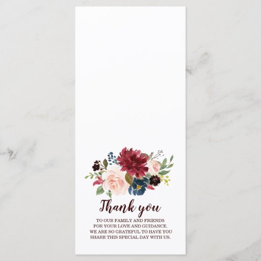 Burgundy Red Navy Floral Rustic Boho Menu Mariage (Dos)