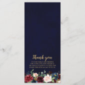Burgundy Red Navy Floral Rustic Boho Menu Mariage (Dos)