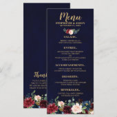 Burgundy Red Navy Floral Rustic Boho Menu Mariage (Devant / Derrière)