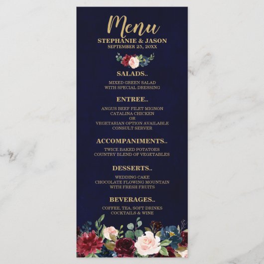 Burgundy Red Navy Floral Rustic Boho Menu Mariage (Devant)