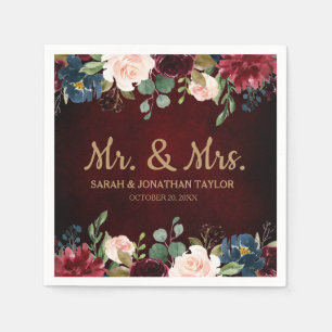 Burgundy Red Navy Floral Rustic Boho Paper Napkin Servet