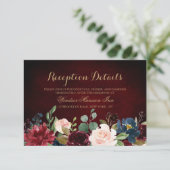 Burgundy Red Navy Floral Rustic Boho Reception Informatiekaartje (Staand voorkant)