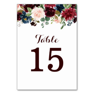 Burgundy Red Navy Floral Rustic Boho Table Number Kaart