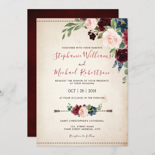 Burgundy Red Navy Floral Rustic Boho Wedding Kaart (Voorkant / Achterkant)