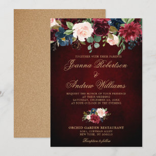Burgundy Red Navy Floral Rustic Boho Wedding Kaart