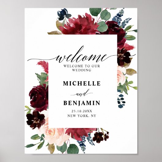 Burgundy Red Navy Floral Rustic Boho Wedding Poster (Voorkant)