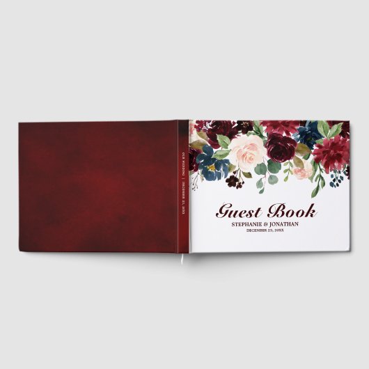 Burgundy Red Navy Floral Rustic Weddenschap Gastenboek (Volledig)
