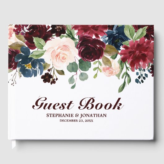 Burgundy Red Navy Floral Rustic Weddenschap Gastenboek (Voorkant)