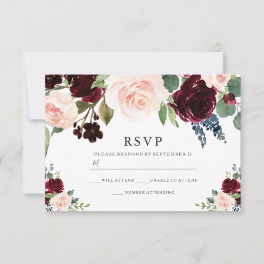 Burgundy Red & Navy Struik Wedding RSVP Kaartje (Voorkant)
