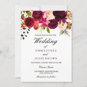 Burgundy Red Paars Floral Boho Wedding Invitation Kaart