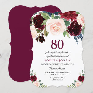 Burgundy Red Pink Floral 80th Birthday Party Kaart