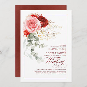 Burgundy Red Pink Flowers Eucalyptus Boho Wedding Kaart