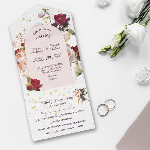 Burgundy Red Pink Rose Floral Foto All In One Uitnodiging