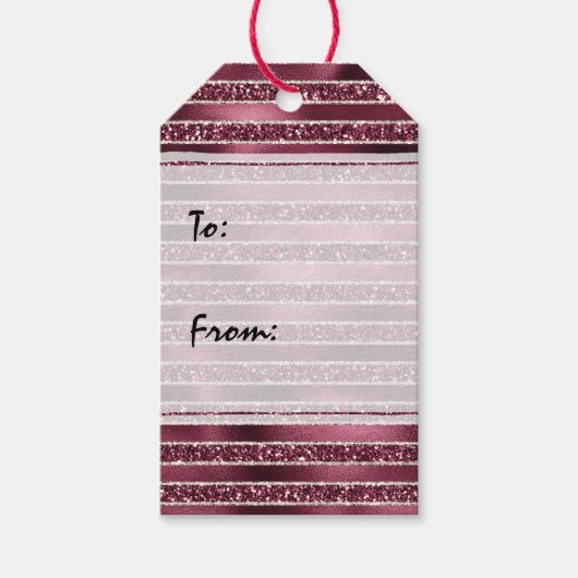 Burgundy Red Pink Rose Gold Glitter Stripes Cadeaulabel (Voorkant)