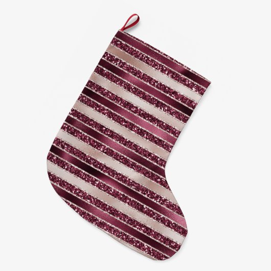 Burgundy Red Pink Rose Gold Glitter Stripes Grote Kerstsok (Voorkant (Hangend))