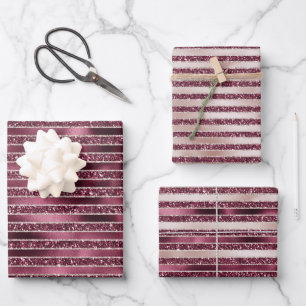 Burgundy Red Pink Rose Gold Glitter Stripes Inpakpapier Vel