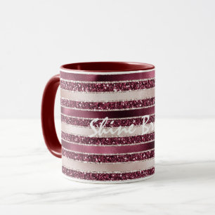 Burgundy Red Pink Rose Gold Glitter Stripes Mok