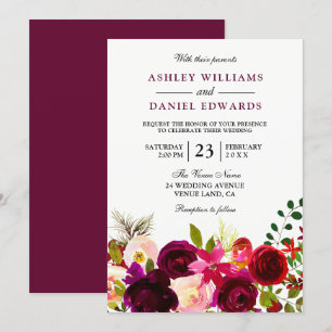 Burgundy Red Purple Flowers Floral Wedding Invite Kaart
