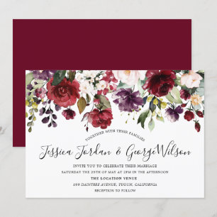 Burgundy Red Romantic Waterverf Flowers Weddenscha Kaart