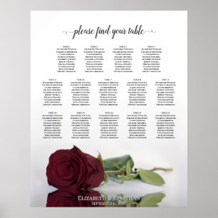 Burgundy Red Rose 14 Table Wedding Seating Chart Poster