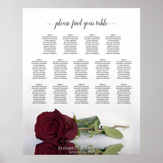 Burgundy Red Rose 14 Table Wedding Seating Chart Poster (Voorkant)